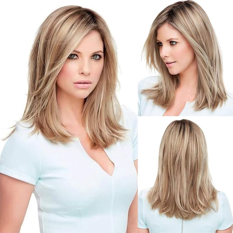 Blonde Shoulder Length Straight Wig for Women,Fiber  Remy Human Hair Blend Natural Daily Use 18IN