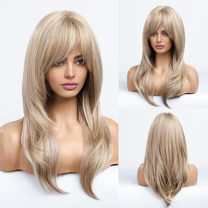 Brown Wigs for Women Highlight Wigs with Bangs Long Straight Layered Heat Resistant Synthetic Wigs