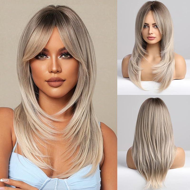 Brown Wigs for Women Highlight Wigs with Bangs Long Straight Layered Heat Resistant Synthetic Wigs