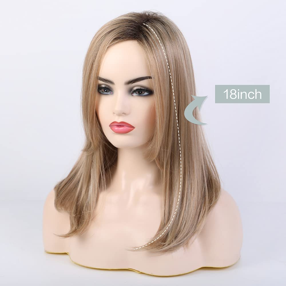 Blonde Shoulder Length Straight Wig for Women,Fiber  Remy Human Hair Blend Natural Daily Use 18IN