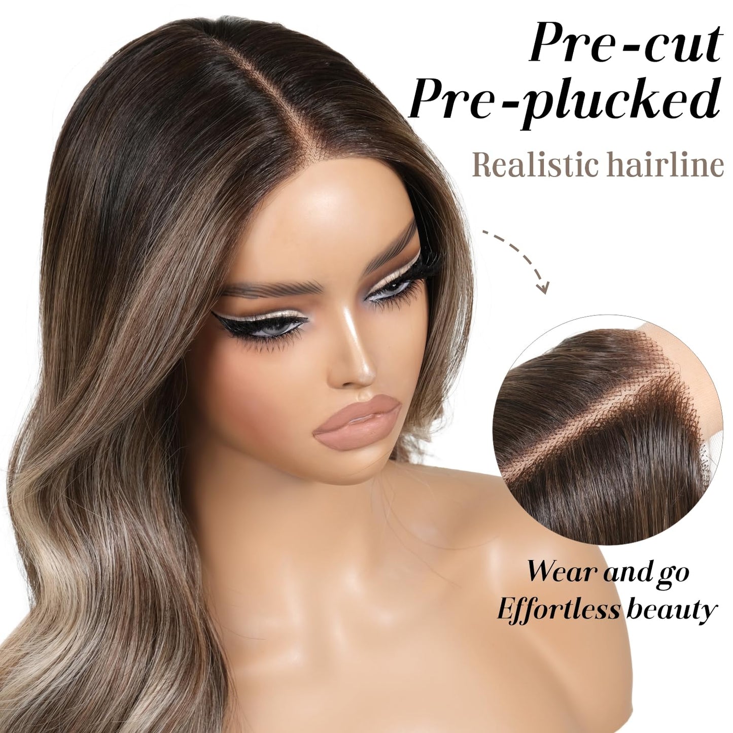 Pre Cut Lace Glueless Wig Wear and Go Synthetic Lace Front Body Wave Ombre Brown Wig with Bangs Pre Plucked Glueless Ready to Wear Wigs for Women Middle Part 26 Inch