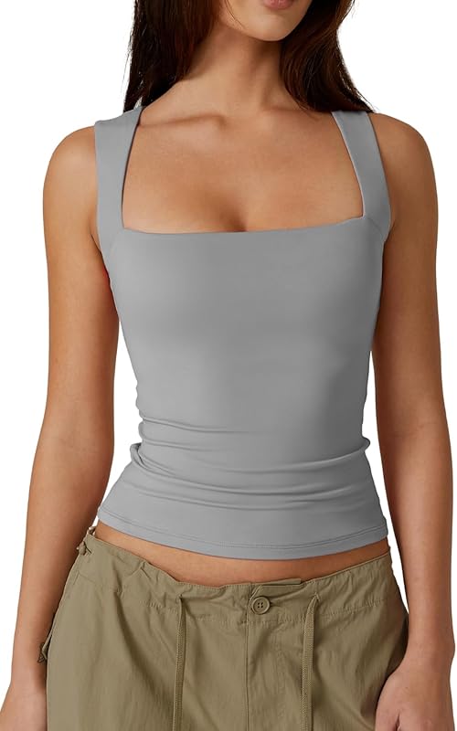 Women's Square Neck Sleeveless Double-Layer Tank Tops Basic Tight T Shirts