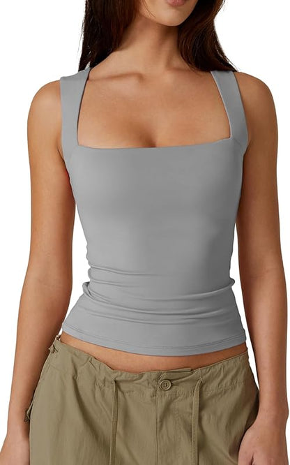 Women's Square Neck Sleeveless Double-Layer Tank Tops Basic Tight T Shirts