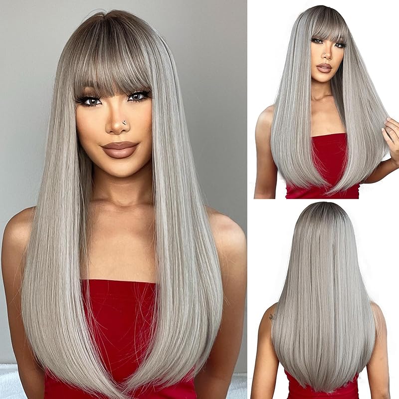 Blonde Wig with Bangs, Long Straight Wigs for Women Natural Hair Wigs Synthetic Blonde Wigs for Girls Daily Party Halloween Cosplay Wig 22 Inch