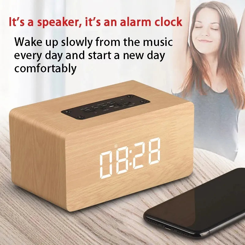 W5C Bluetooth Speaker Clock Version Wooden Chip FM Radio Playback Alarm Clo